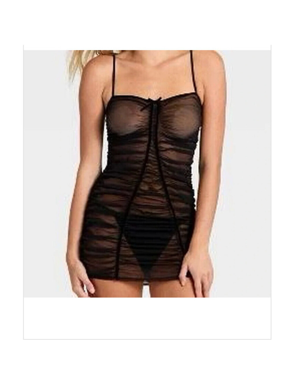 Auden Black Mesh Ruched Chemise Lingerie Dress Women's M Spaghetti Straps NWT